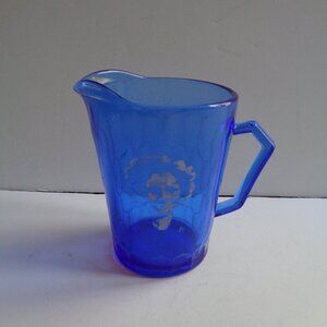 Vintage SHIRLEY TEMPLE Blue Glass Mini Pitcher Collectible Decor